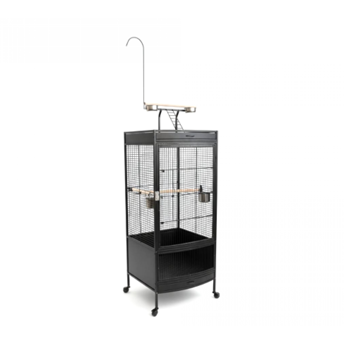 Large Black Wrought Iron Bird Cage with Play Top & Rolling Stand (60 × ...